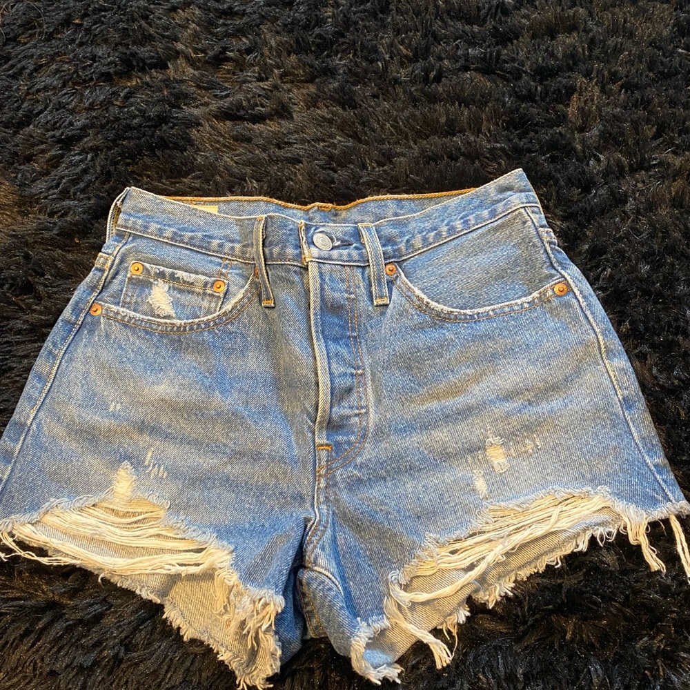 Levi's Blue Jean Shorts Distressed High-Waisted Button Fly size 26